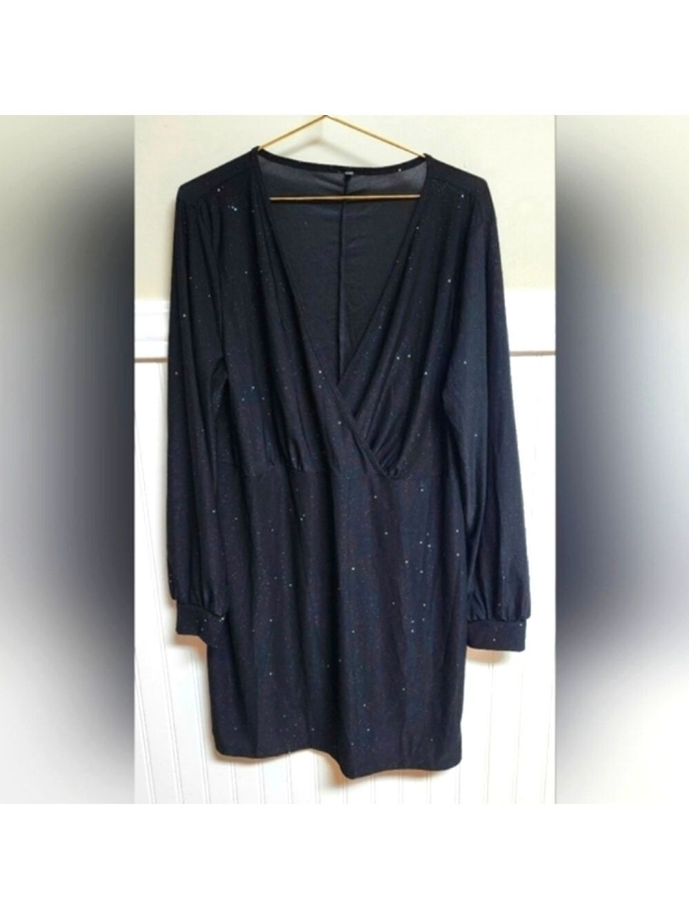 Double V-Neck Surplice Front Long Sleeve Sparkling Black Dress Size 2XL -NWOT